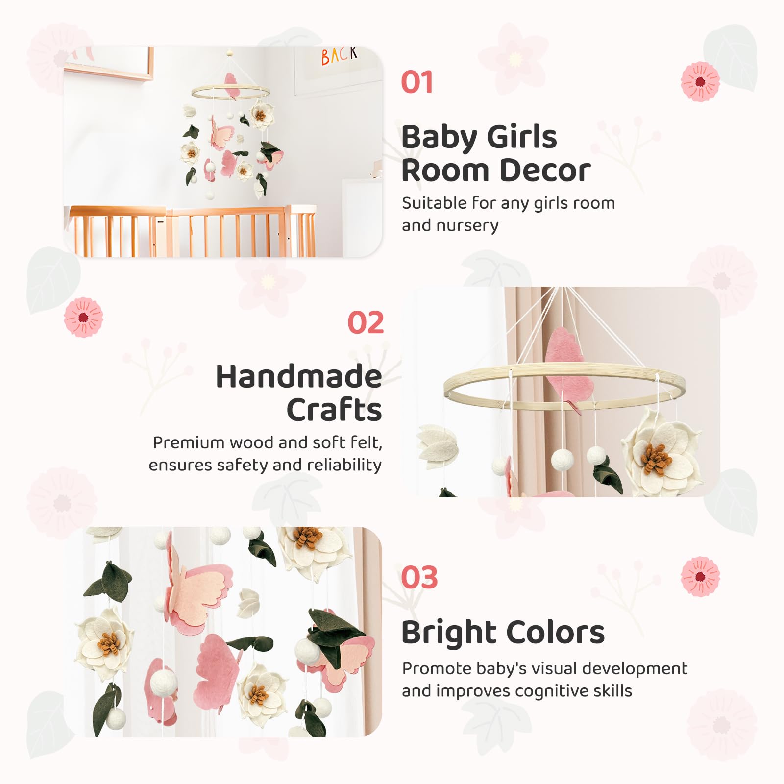 Móvil de bebé para cuna, flores y mariposas, móvil de cuna para niñas y niños, hecho a mano, decoración floral para habitación de bebé, decoración bohemia para habitación de bebé, regalo