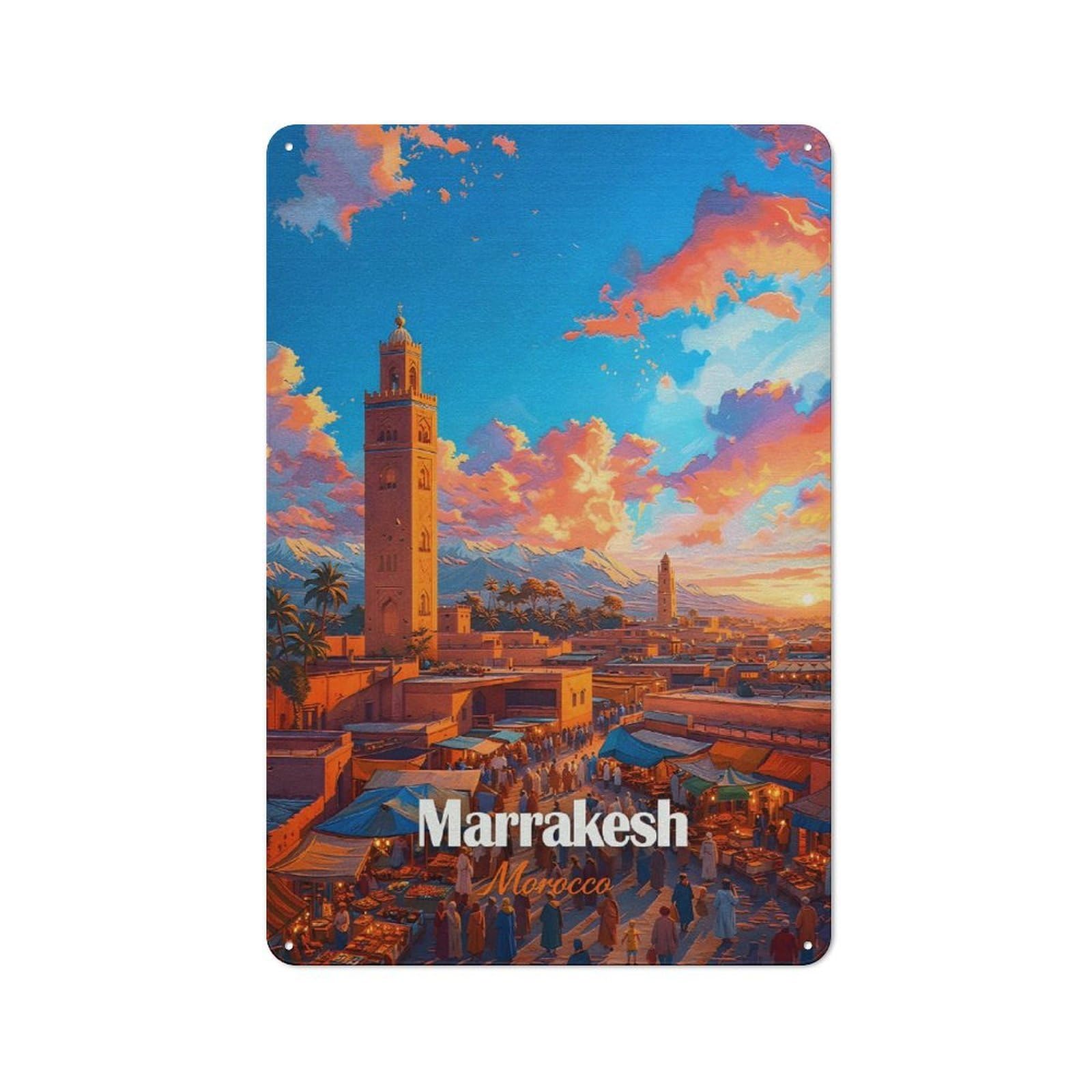 Junmoney Style-16 Metal Plaque 30X20cm With Marrakesh Morocco Cityscape At Sunset For Pub Or Café, Vintage Decor, For Vintage Wall Decor Fans, For Metal Sign Collectors