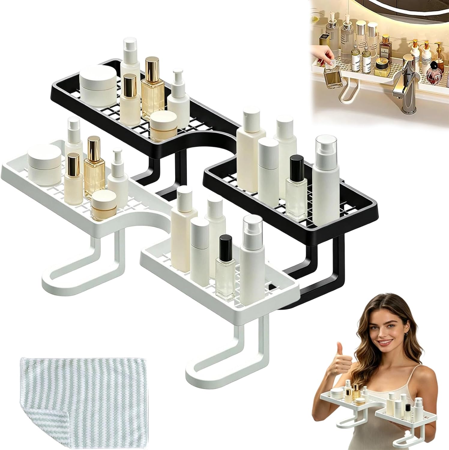 Behind the Faucet Sink Organizer, No-Drill Sink Organizer Rack, Space-Saving Bathroom Countertop Organizer for Kitchen & Bathroom, Easy Drainage (1, 1*Black+1*White)