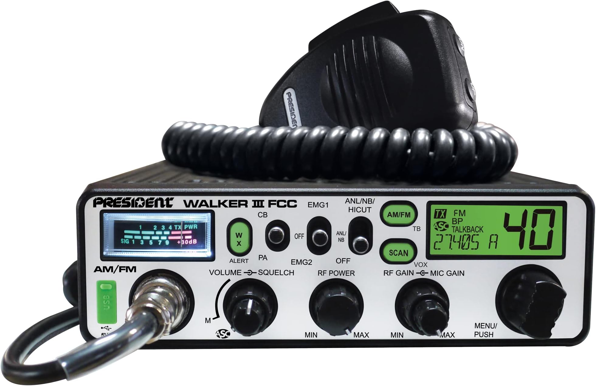 President Walker III FCC AM/FM CB Radio, USB Ladebuchse, Roger Beep