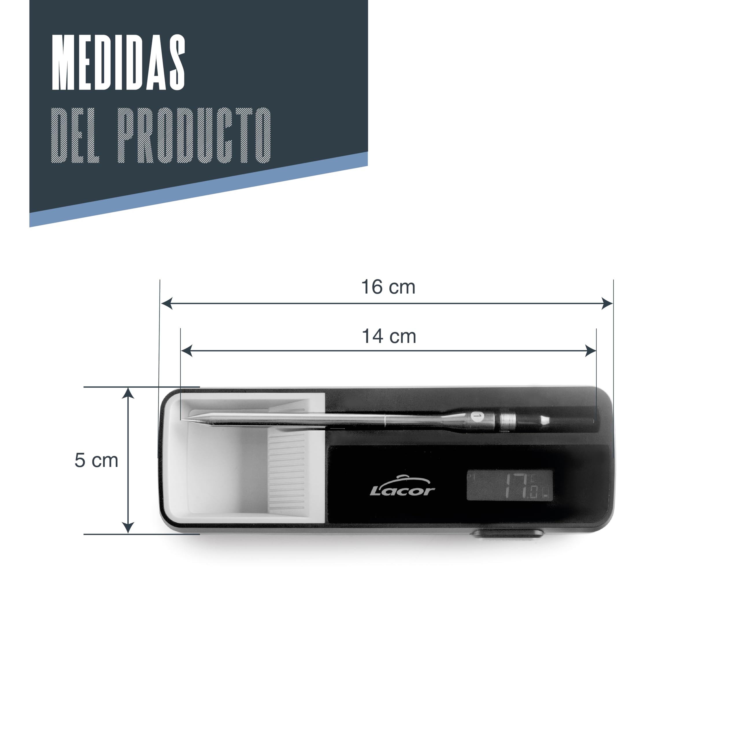Lacor 62243 - Termómetro Bluetooth con Sonda Inalámbrica de 14 cm | En acero inoxidable, para un uso práctico y profesional en cocina; ideal para cocina profesional y uso diario en casa
