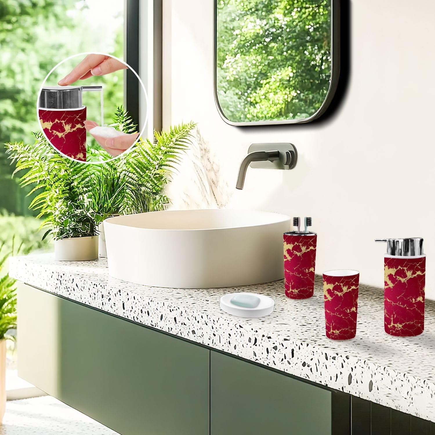 Bathroom Accessory Set 6 Piece Modern red Golden Maroon Gold Marble Texture Golden Veins Trash can, Toothbrush Holder, Soap Dispenser, Soap Dish, Toothbrush Cup, Toilet Brush Holder