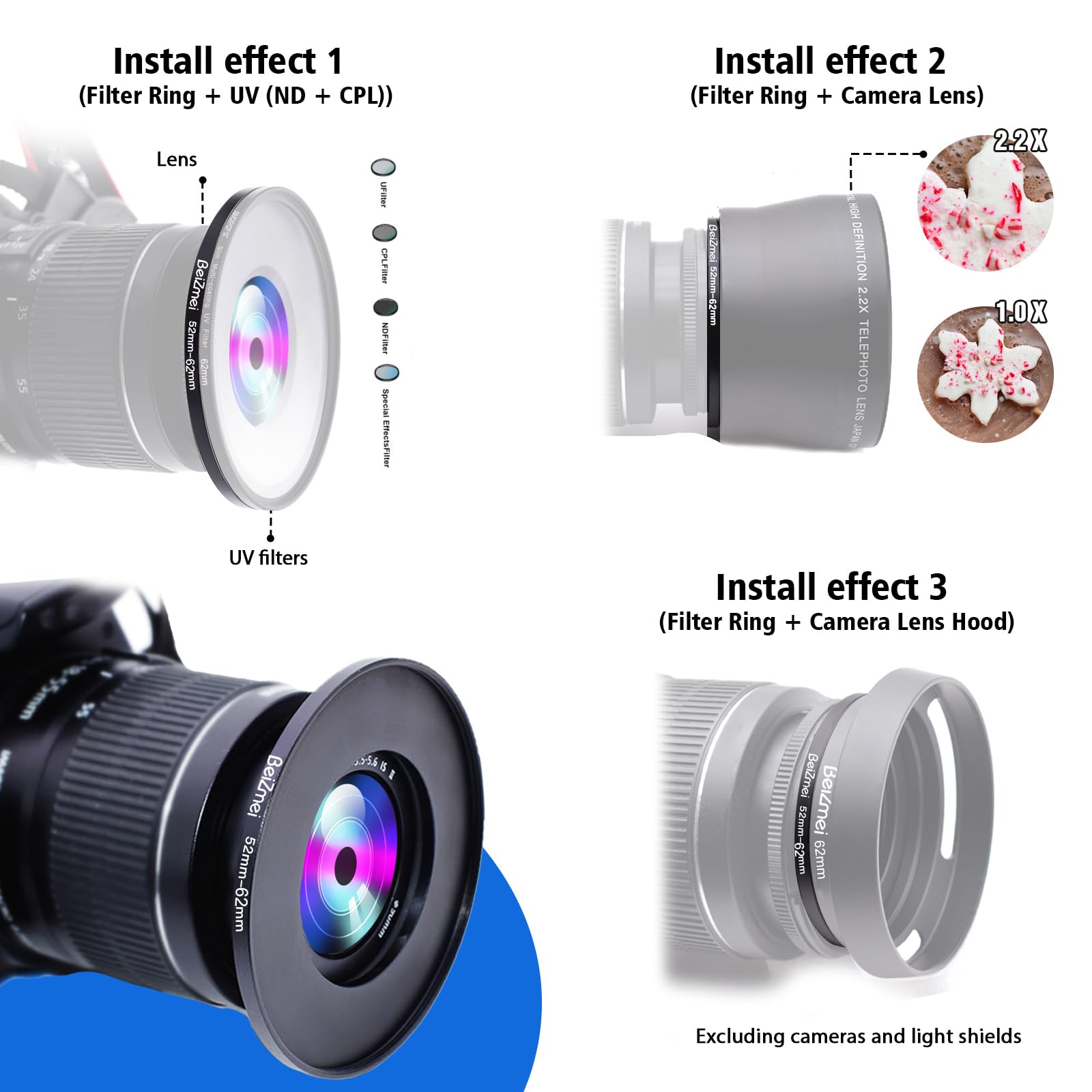 Filtre Adaptateur de 52mm à 62mm Compatible avec tous les objectifs 52mm à 62mm UV, ND, CPL, filtre, 52mm lentille à 62mm appareil photo Filtre (52-62mm) - 4
