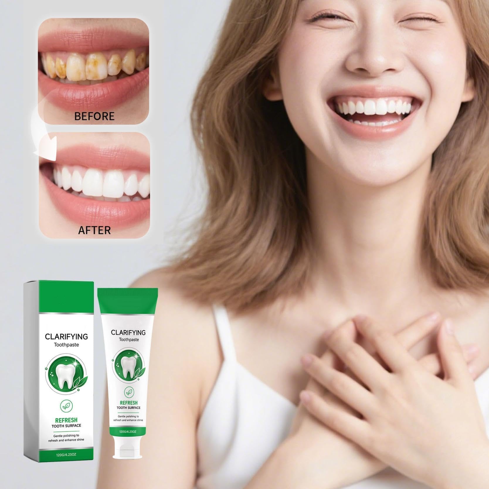 Dentifricio sbiancante ai probiotici, formula potenziata per pulizia profonda, alito fresco e gusto menta; protegge lo smalto