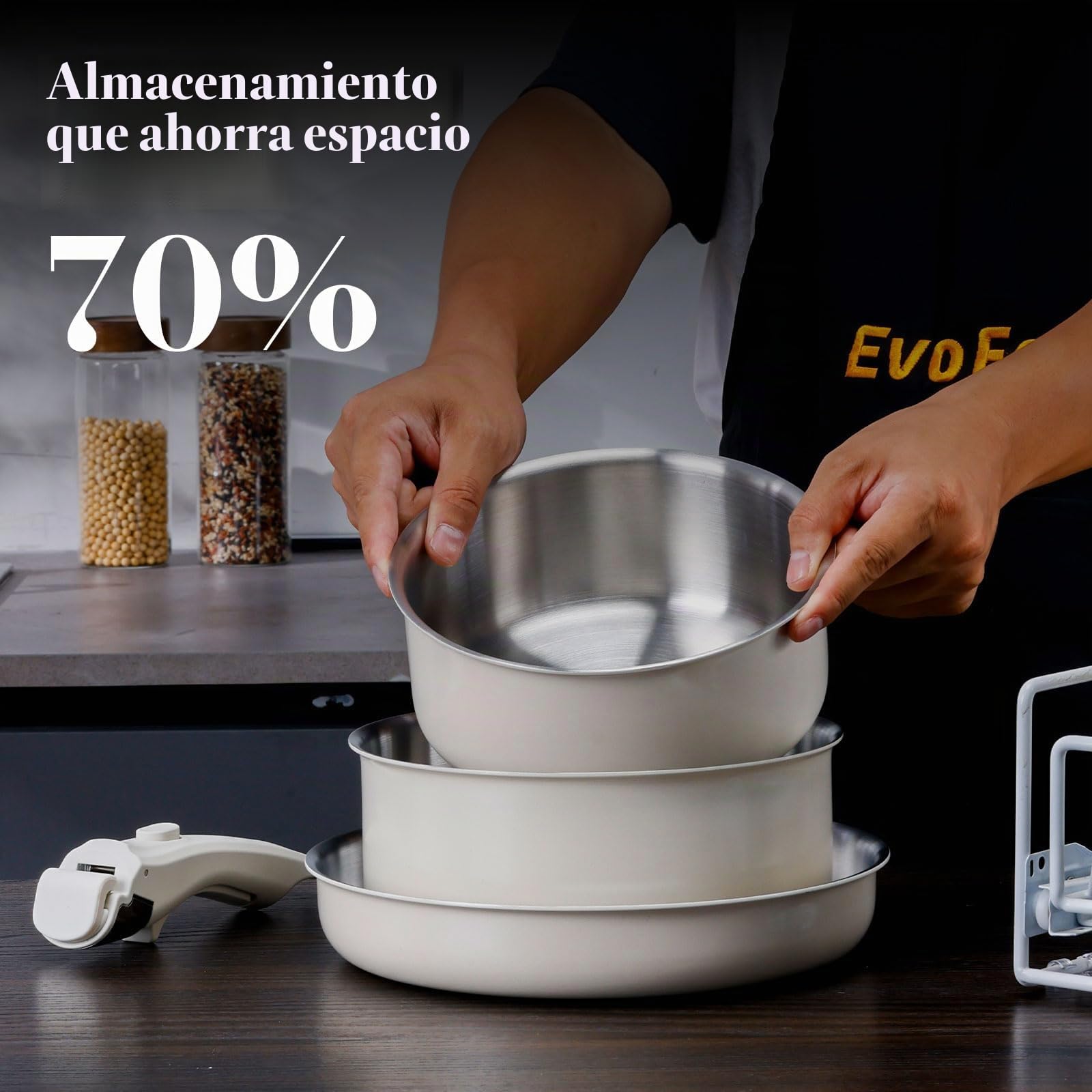 juego de ollas de acero inoxidable, juego de sartenes de 14 piezas, cerámica juego de cocina con mangos desmontables, sartén 24 cm, olla 18/20 cm, juego de ollas apilable para todo tipo de