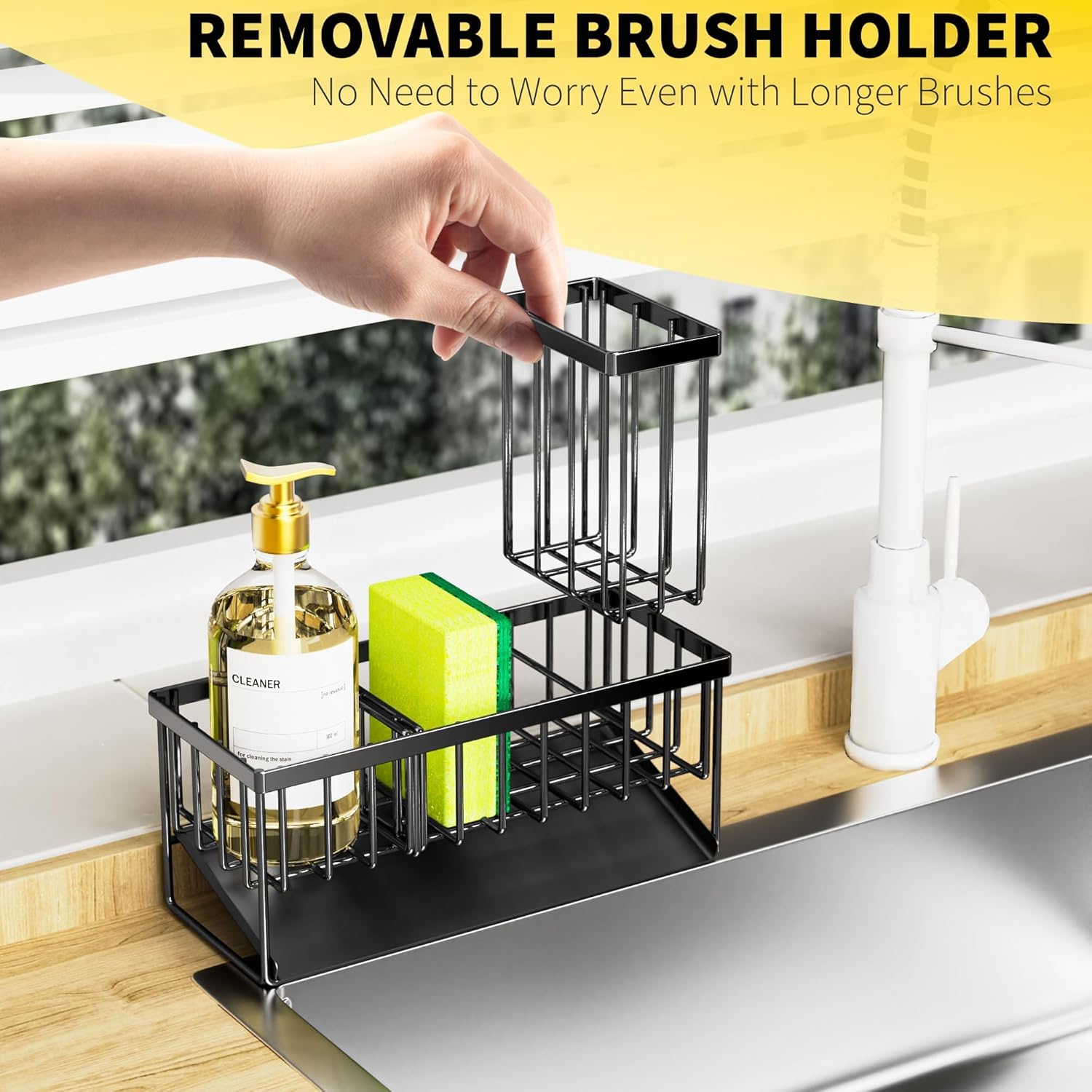 Kitchen Sink Caddy Organizer, Sponge Holder with Brush Storage, Black Metal Rack