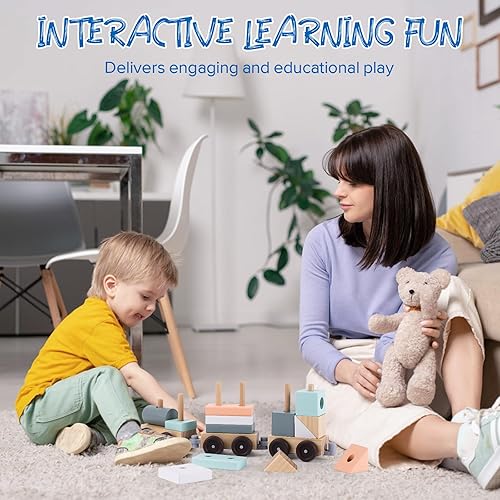 Miniatura 2 de umu Tren apilable, juguete clásico de madera (17 piezas) - Juego de tren, juguetes de clasificación y apilamiento de madera para niños pequeños a