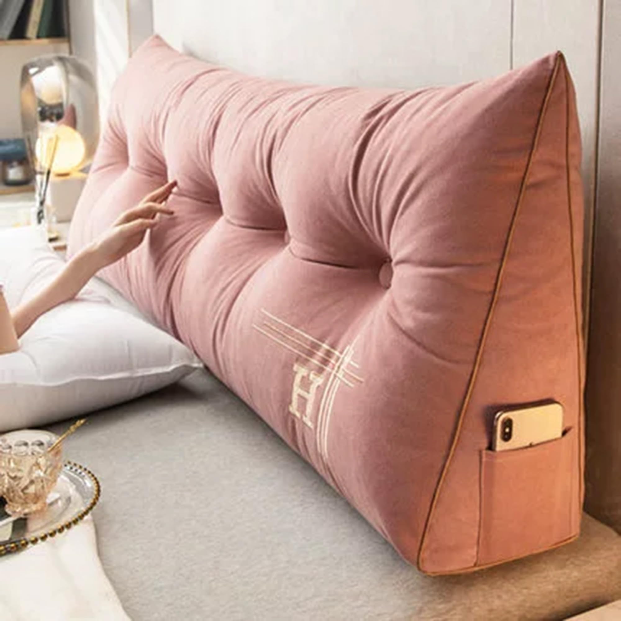 DUOLEH Lumbar Support Cushion Waist Backrest, Triangular Wedge Headboard, Bed Rest Reading Pillow with Pocket & Zipper, Removable Wedge Pillow Support Cushion (100x50x20cm,Pink)