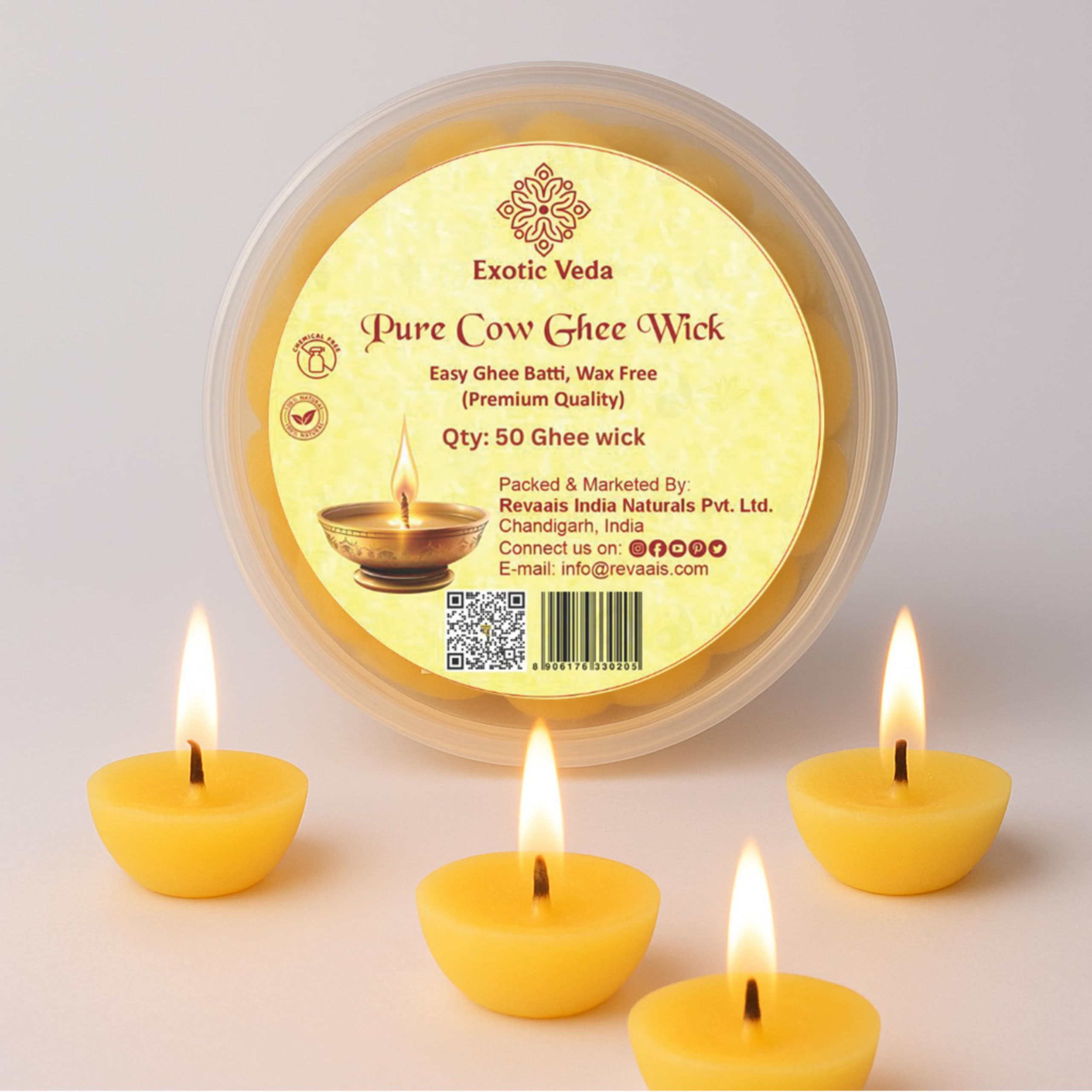 Cow Ghee Batti Cotton Wick - Organic, Handcrafted, Non-Toxic, Puja Items | Ghee Wicks for Pooja | Long-Lasting, Aromatic Diya Wicks for Pooja | Eco-Conscious, Clean-Burning Pack of 50