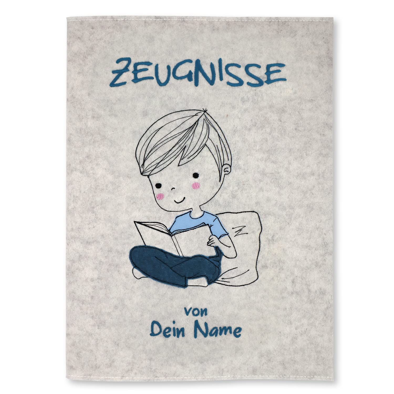 Zeugnismappe Bücherwurm weiß personalisiert mit Namen 100% Wollfilzumschlag und Sichtbuch DIN A4 mit 20 Hüllen