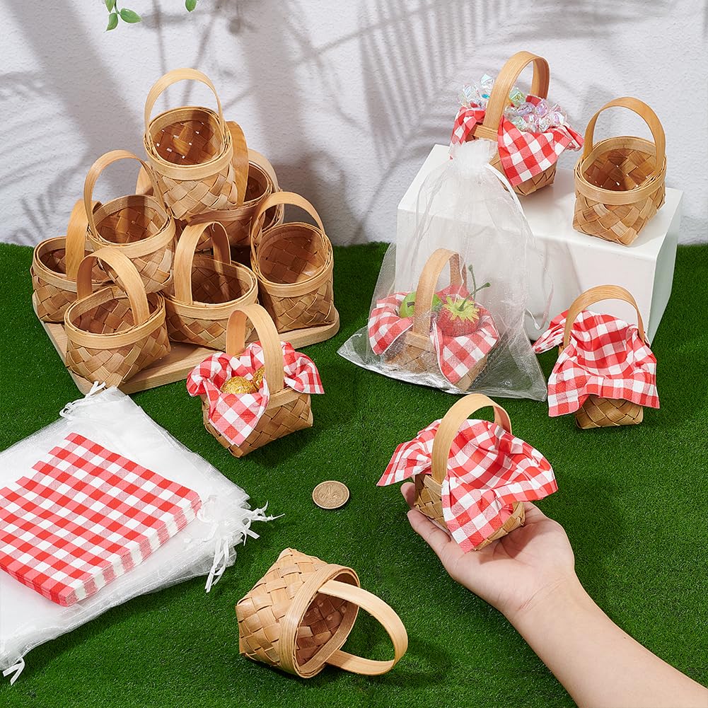INTERWARM 24 Set Mini Picknickkörbe Aus Gewebtem Stoff Mini Blumen Und Obstkörbchen Mit 40 Stück Seidenpapier Und 24 Organza Geschenktüten Kleine Chips Körbchen Für Und Ostern Partygeschenke