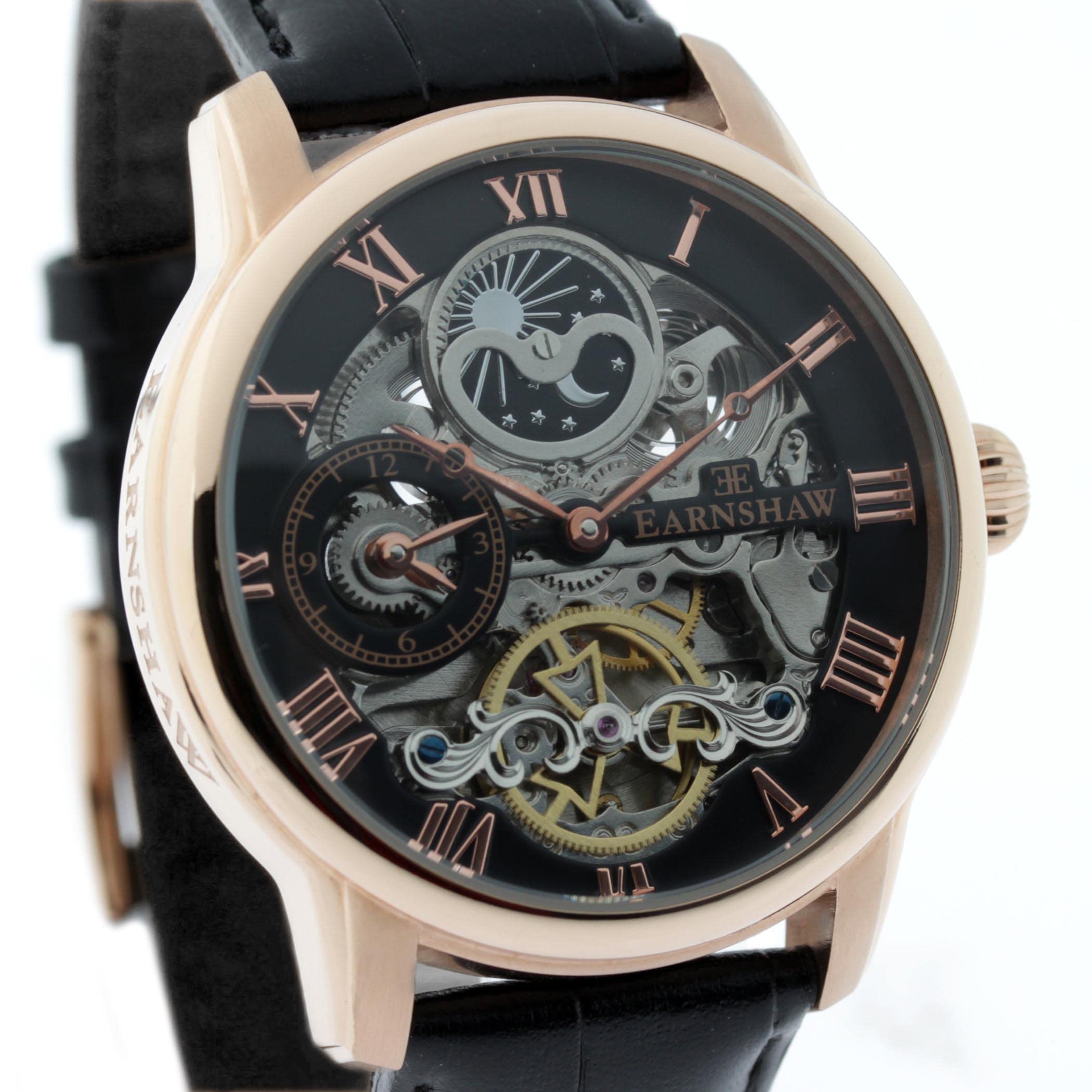 Thomas Earnshaw Męski automatyczny zegarek szkieletowy o długości 44 mm z 12-godzinnym podwójnym czasem, wyświetlaczem słońca i księżyca oraz ozdobnym wirnikiem
