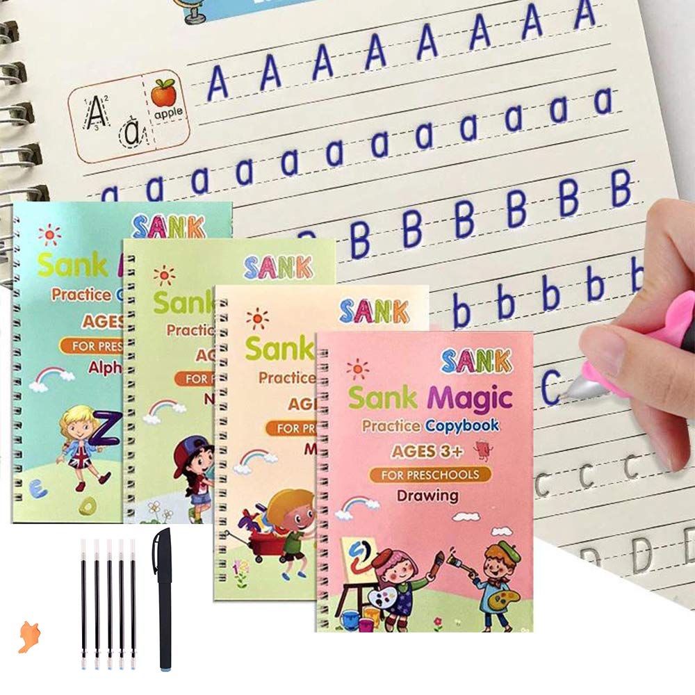 4 Pack Practice Copybook That Can Be Reused, Calligraphy Set for Kids Number Math Drawing Alphabet Handwriting Book,Repeatedly Letter Writing Copybook