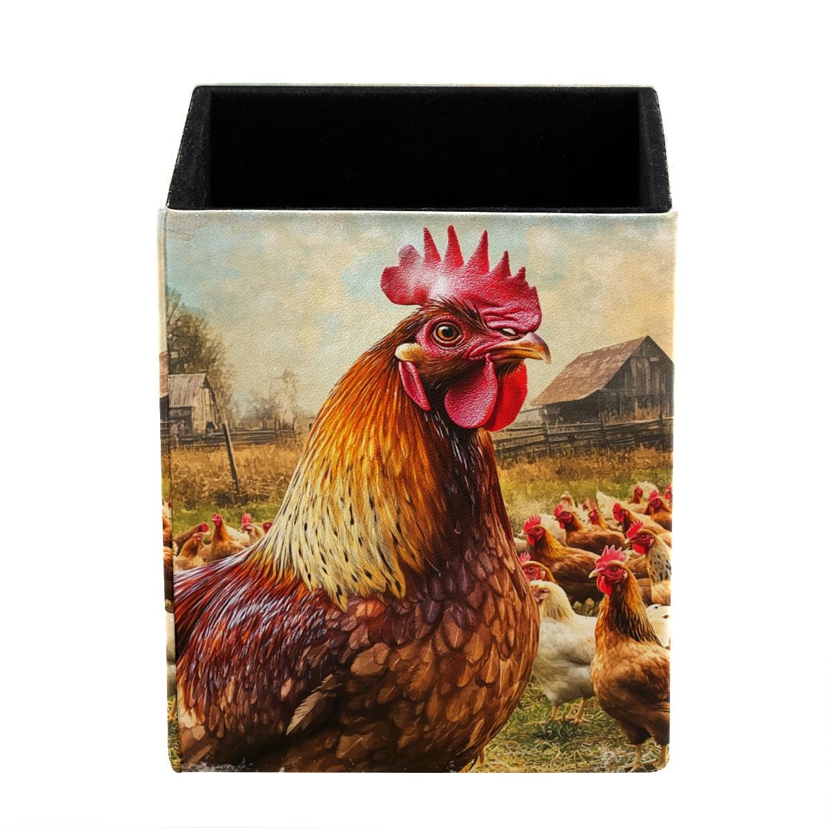 HEOEH Fram Rooster Vintage Pen Holder Pen Pot, Square Pencil Cup for Desk
