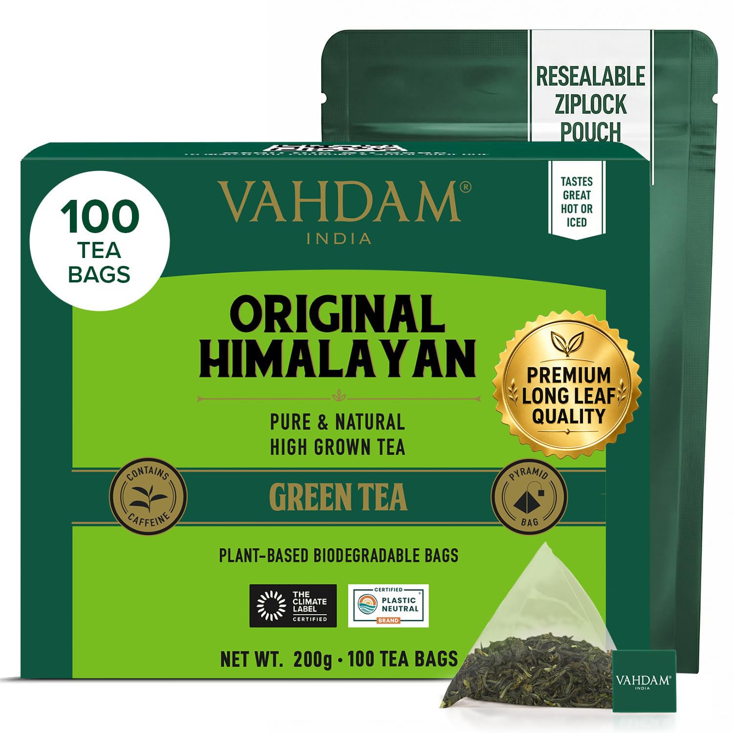 VAHDAM Té Verde del Himalaya - 100 Bolsitas Piramidales