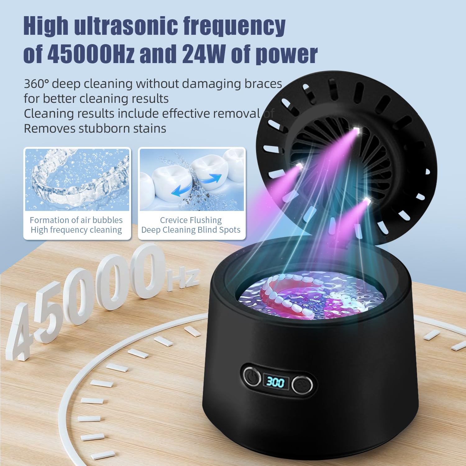 Pulitore Ultrasuoni， 48000Hz Pulitore Gioielli Ultrasuoni， Lampada UV Lavatrice Ultrasuoni per Apparecchio Denti Protesi Dentali Retainer Anelli Collane (nero)