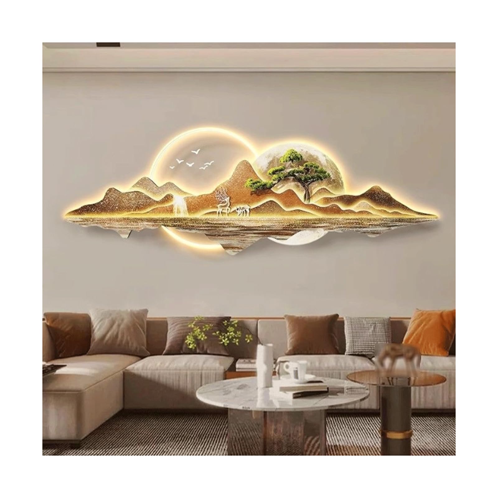 Landscape Chino Decoración de Arte de Pared 3D con luz LED Luna 3D Escultura de Pared con montañas y ríos Pintura de Pared iluminada Lámpara Mural para la Entrada