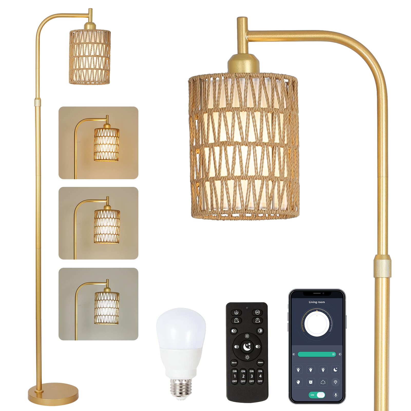 lámpara de Pie Regulable Salón, Lámpara de Pie de Ratán Dorado con Mando a Distancia, App Control, Lámpara de Pie Boho con Pantalla de Ratán y Lino, Lámpara de Pie Moderna para Dormitorio
