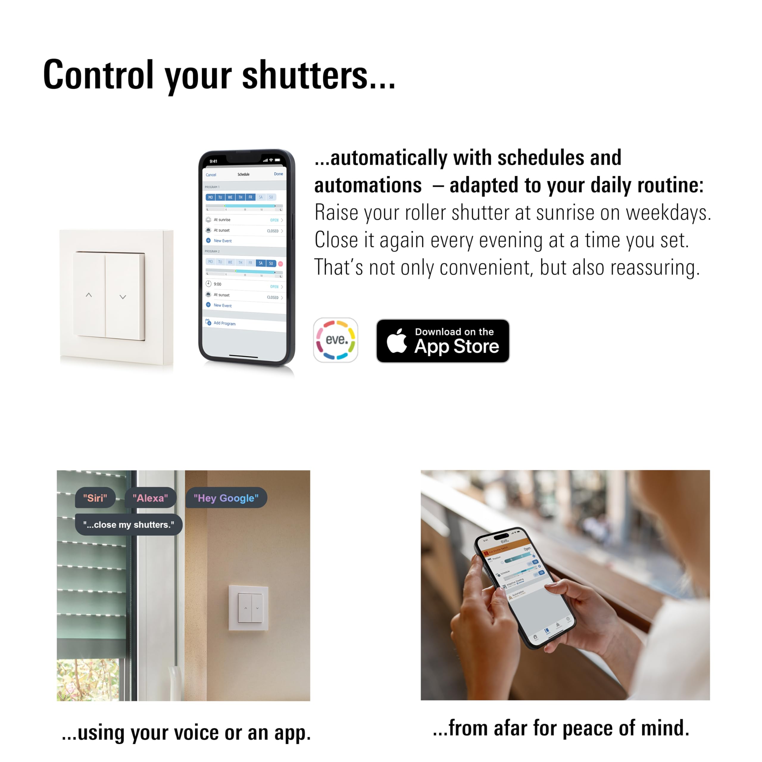 Eve Shutter Switch (Matter) – Regolatore intelligente per tapparelle, per l'app Casa di Apple/Alexa/Google Home/SmartThings/Home Assistant; Thread, richiede un Thread Border Router e un conduttore
