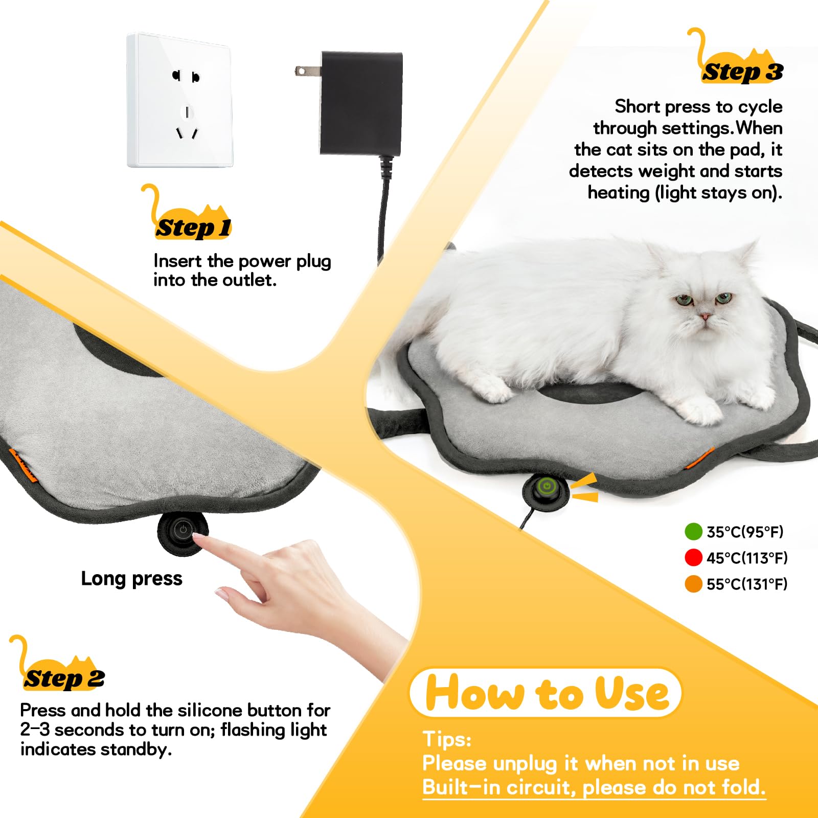 Tapis chauffant électrique pour chat d'intérieur avec housse amovible - Température réglable - Gris tournesol - 55,9 x 55,9 cm
