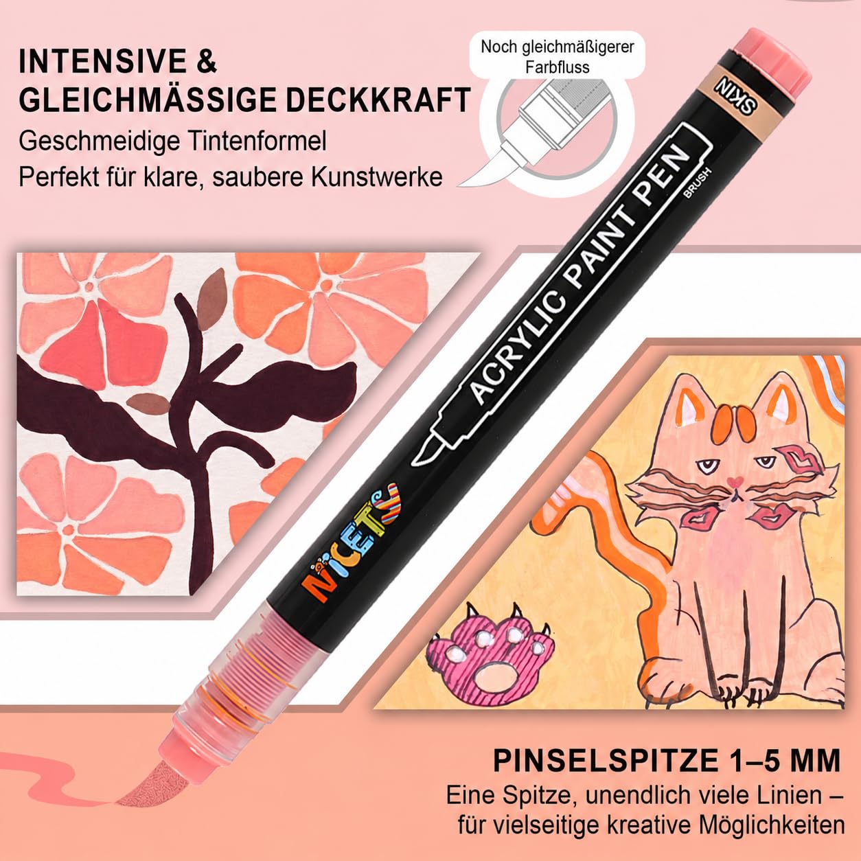 NICETY 32 Acrylstifte für Steine Wasserfest - Pinselspitze Acrylmarker für Holz, Stoff, Leinwand, Glas, 1-6mm Multimarker acrylic Marker pens Set (Haut)