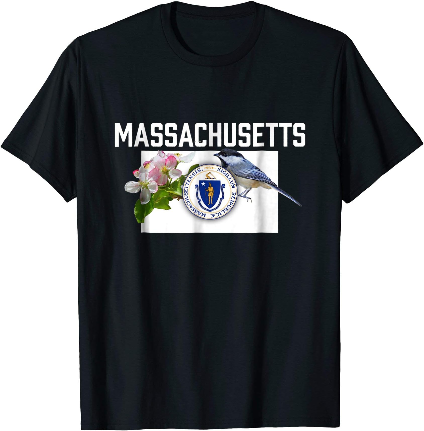State Symbols TeesMassachusetts US State Flag With State Bird & Flower T-Shirt T-Shirt