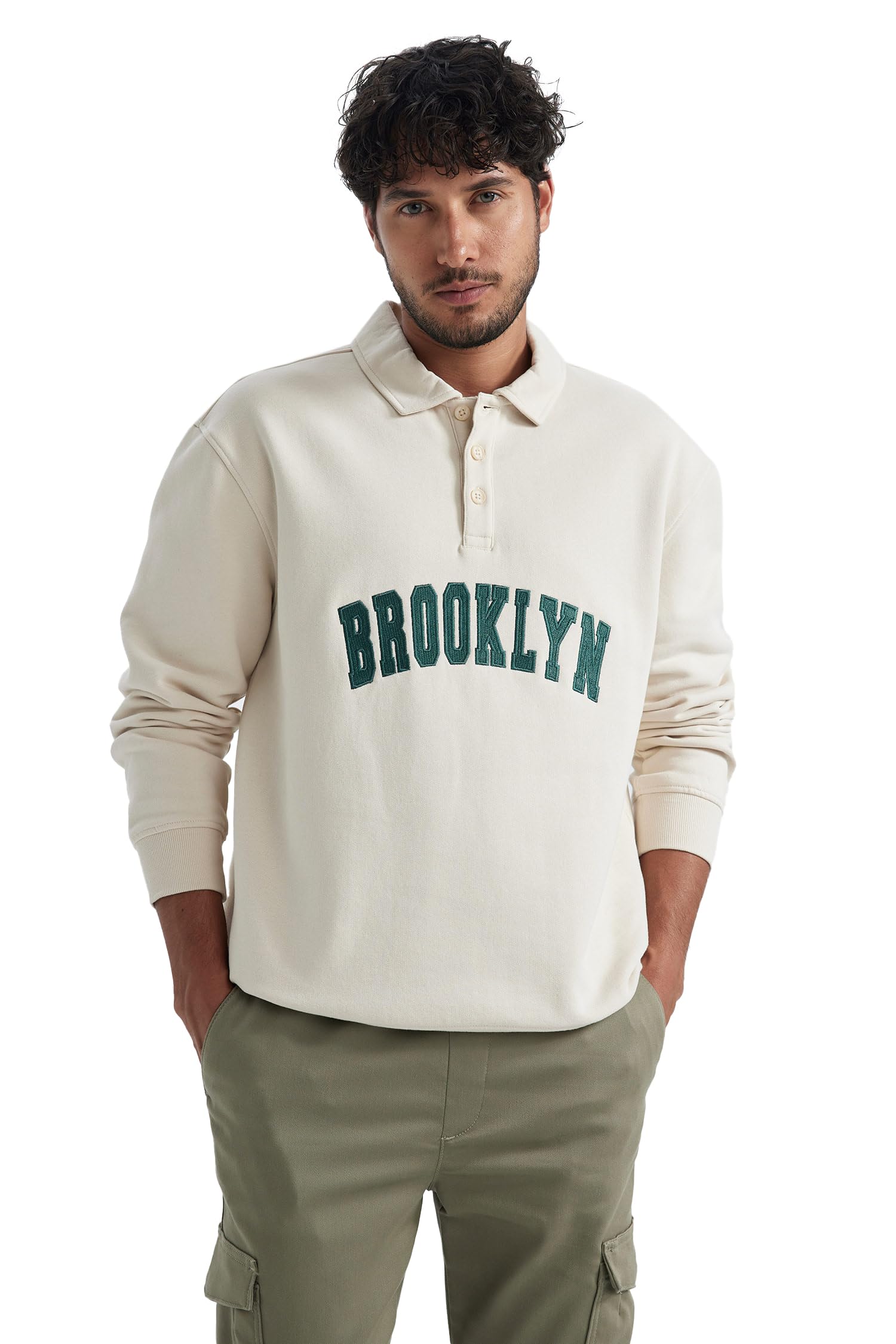 Relax Fit Polo Yaka Baskılı Kalın Sweatshirt