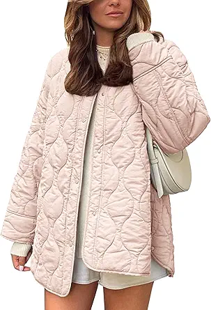 Flygo Women's Oversized Quilted Lightweight Jacket Button Down Puffer Padded Outerwear with Pocket