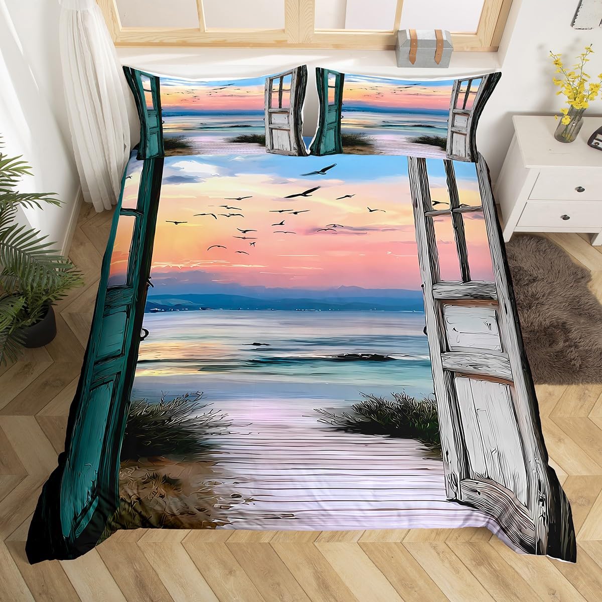 Homemissing Beach Theme Duvet Cover Cot Size Kids Sea Ocean Wave Bedding Set for Boys Girls Teens Summer Hawaiian Seagull Bird Animal Pattern Duvet Cover Room Decor