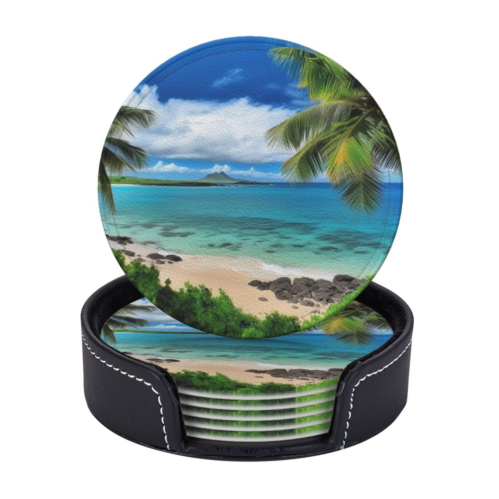 Round Coasters for Drinks Set of 6 - PU Leather Coasters with Holder - Modern Drink Coasters for Coffee Table - Tropical Palm Tree Hawaii Beach Coaster for Tabletop Protection 4" Cup Mat Pad