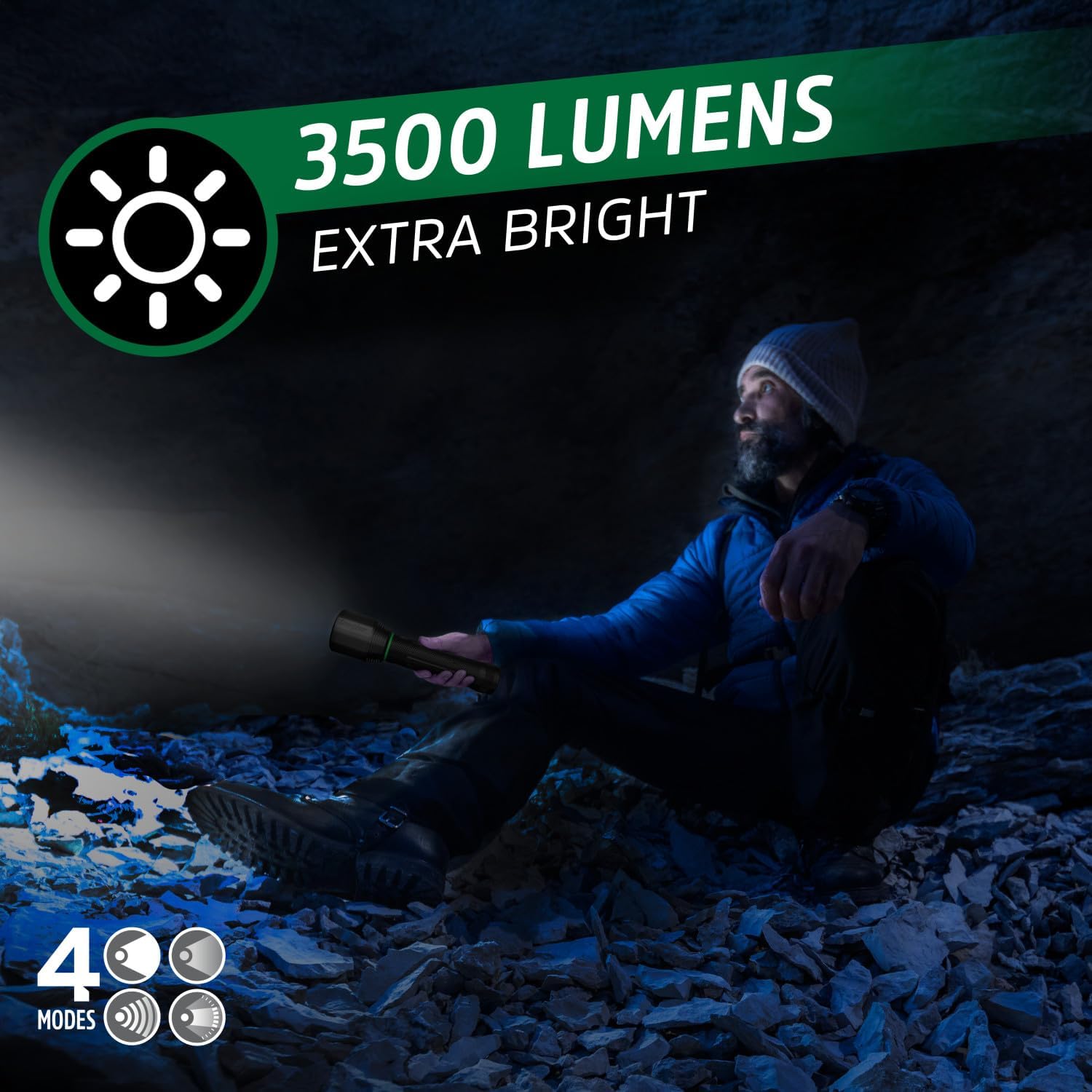 Man in a cave using the Energizer 3500XT-R flashlight, highlighting 3500 lumens