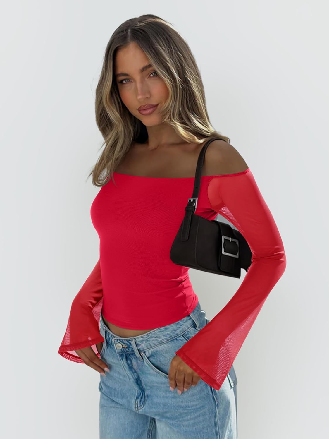 REORIA Off The Shoulder Tops for Women Tube Double Lined Mesh Going Out Shirts 2025 Fall Fashion Trendy Tops - Image 3