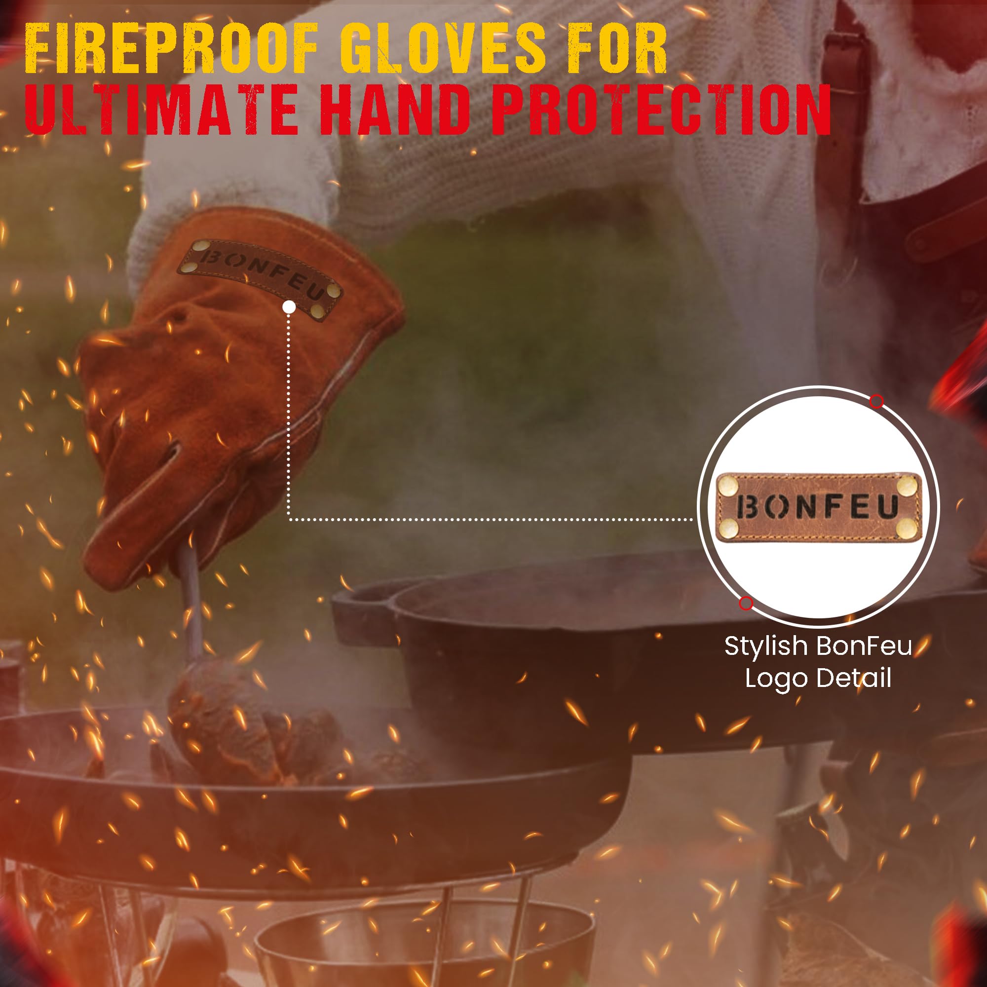 BonFeu BonGloves – rękawice odporne na wysokie temperatury – rękawice do grilla – odporne na temperaturę do 500 stopni – rękawice kuchenne do użytku na zewnątrz – rękawice kuchenne