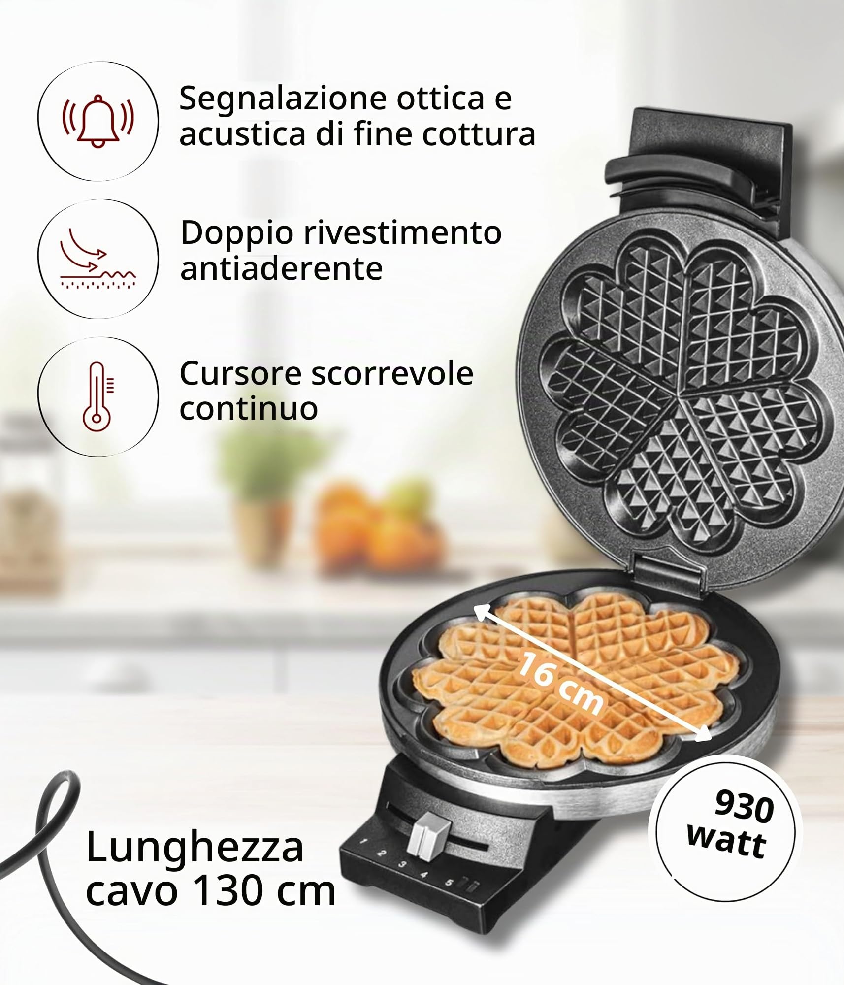 Cloer 189 Piastra per Waffle, 930 W, doppio rivestimento antiaderente, dimensione di cialda 16 cm, piastre di cottura pesanti, segnale acustico e spia di cottura, acciaio inossidabile