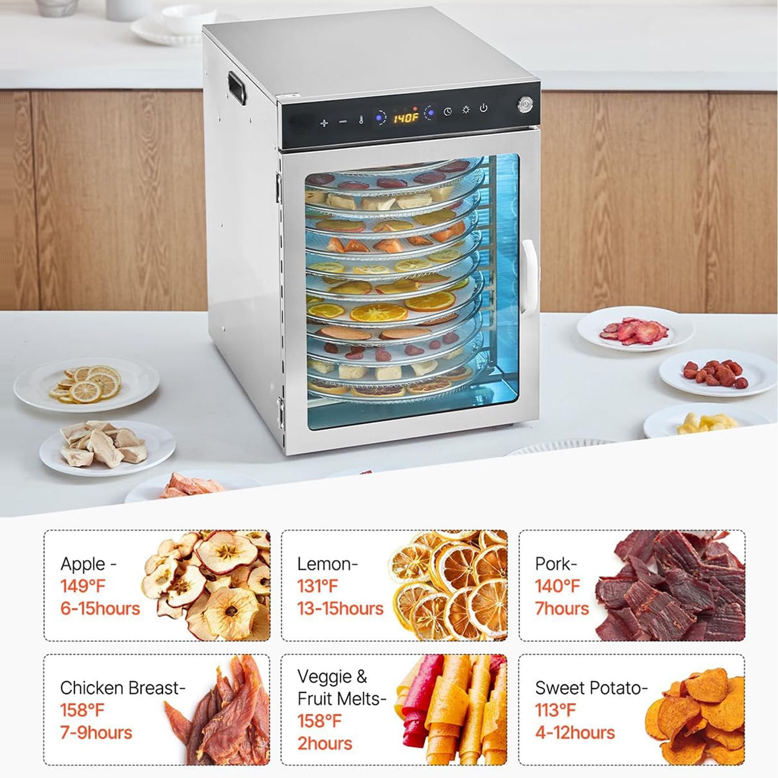 Essiccatore Per Alimenti Rotante A 360° – Essiccazione Per Frutta, Verdura E Carne Secca – Vassoi In Acciaio Inox, Timer Da 24 Ore, Fino A 194 ℉, Display A Led, Essiccatore Elettrico,20Layer