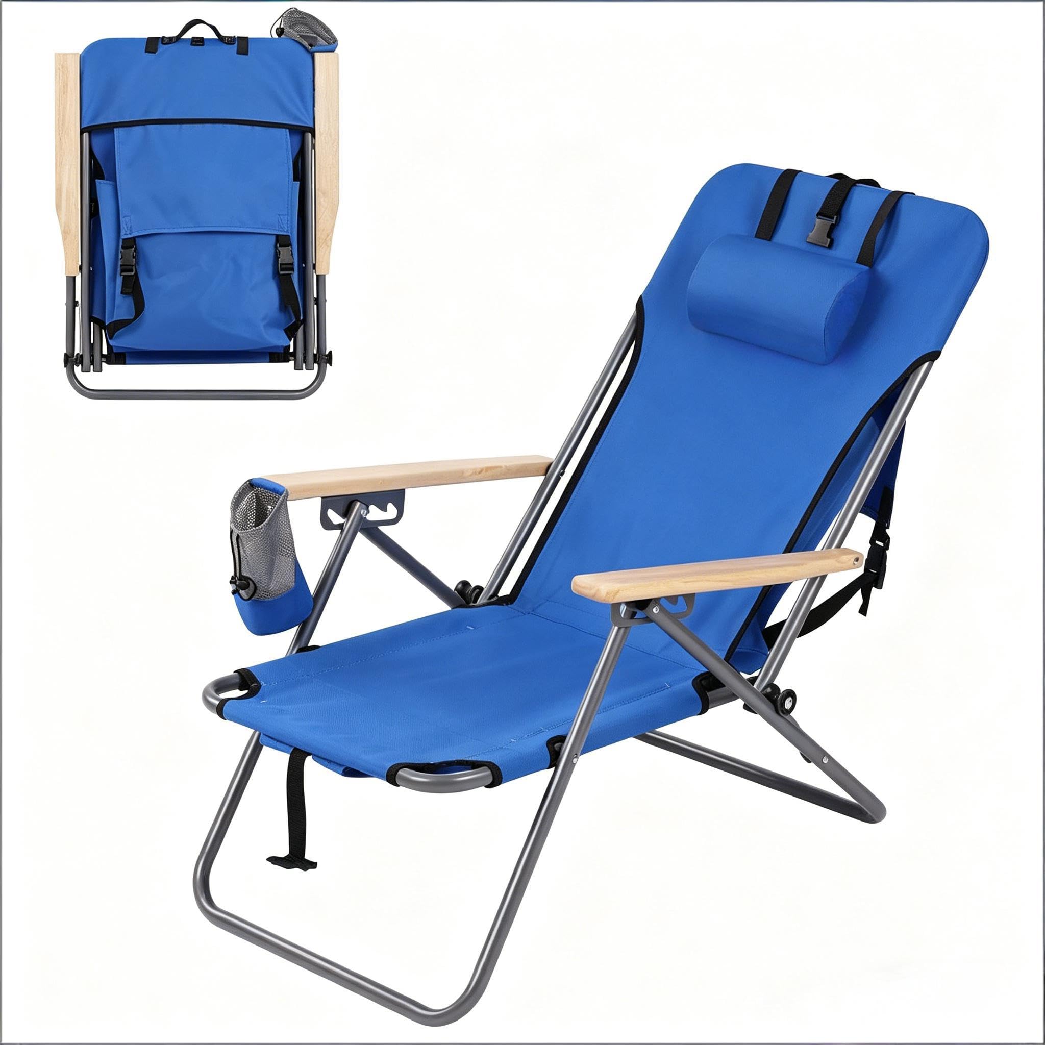 vutizal Klappbarer Campingstuhl mit 4-Fach Verstellbarer Rückenlehne, Leichter Liegestuhl für Strand & Garten, Picknickstuhl als Rucksack faltbar, bis 150 kg, blau