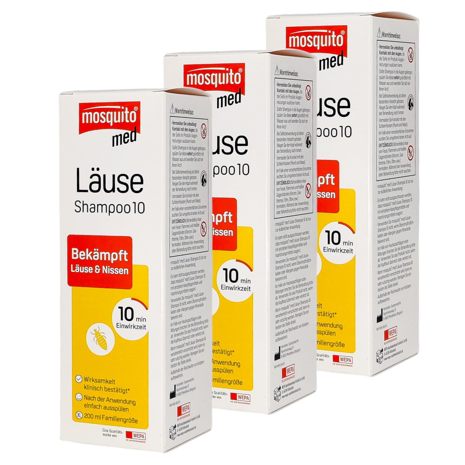 Mosquito med Läuse Shampoo 10, 3x 200 ml I Bekämpft Kopfläuse und Nissen I praktische Anwendung I Läusemittel I Familiengröße I Spar-Set plus Pharma Perle give-away (3x 200 ml)