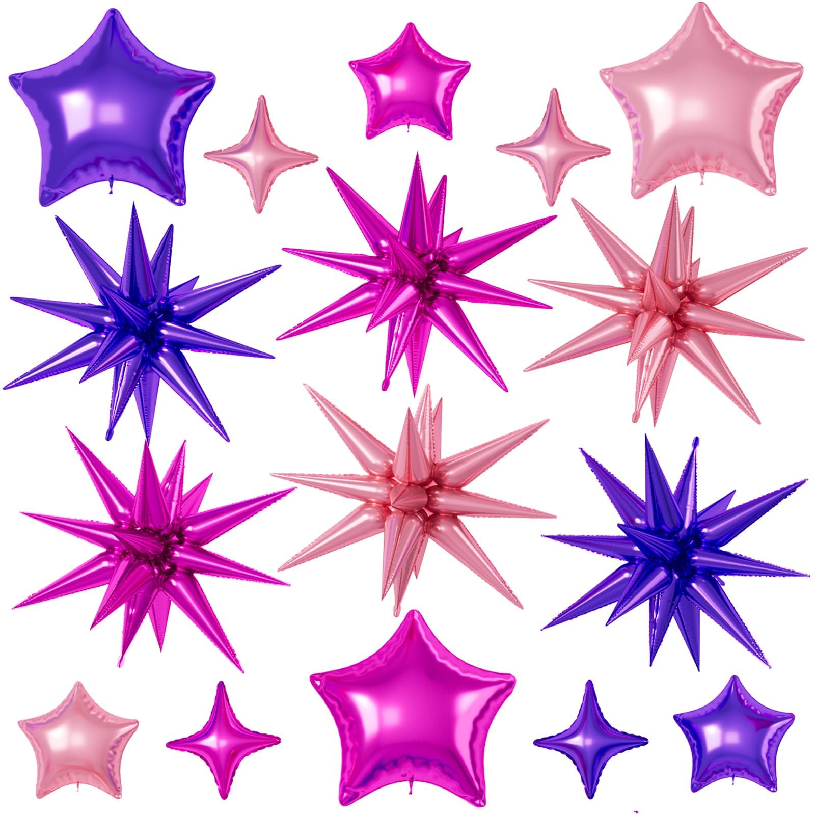 Hot Pink Purple Star Balloons, 22/18/10 Inch Foil Balloons, Four-Pointed Balloon for Women Girl Princess Birthday Wedding Baby Shower Party