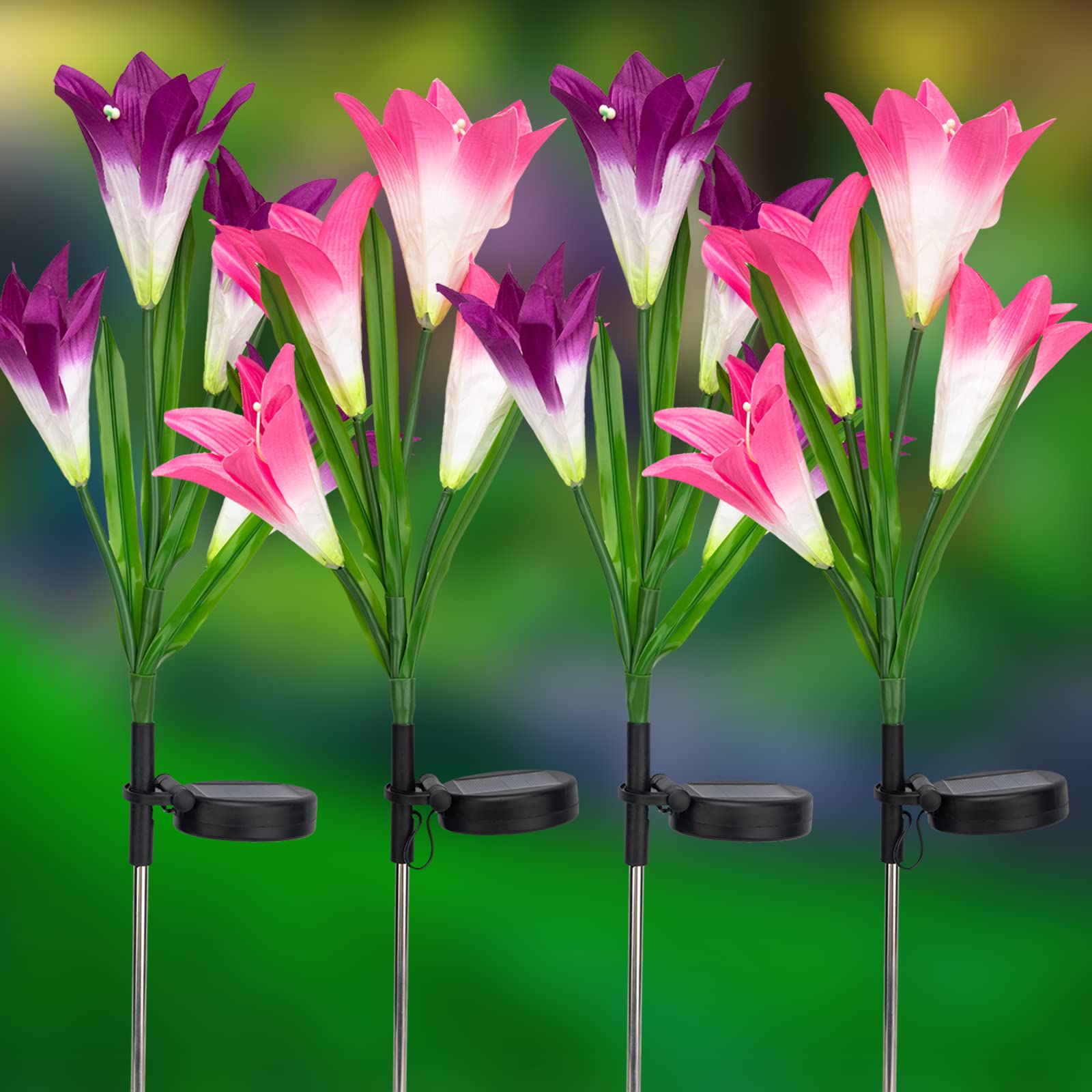 TOPEMAI Solar Flower Lights Outdoor Solar Light Flowers Garden Solar Light 4 Pack Lily Flower Lights Waterproof 7 Color Changing LED Flower for Yard Decoration (2 Pink+2 Purple)