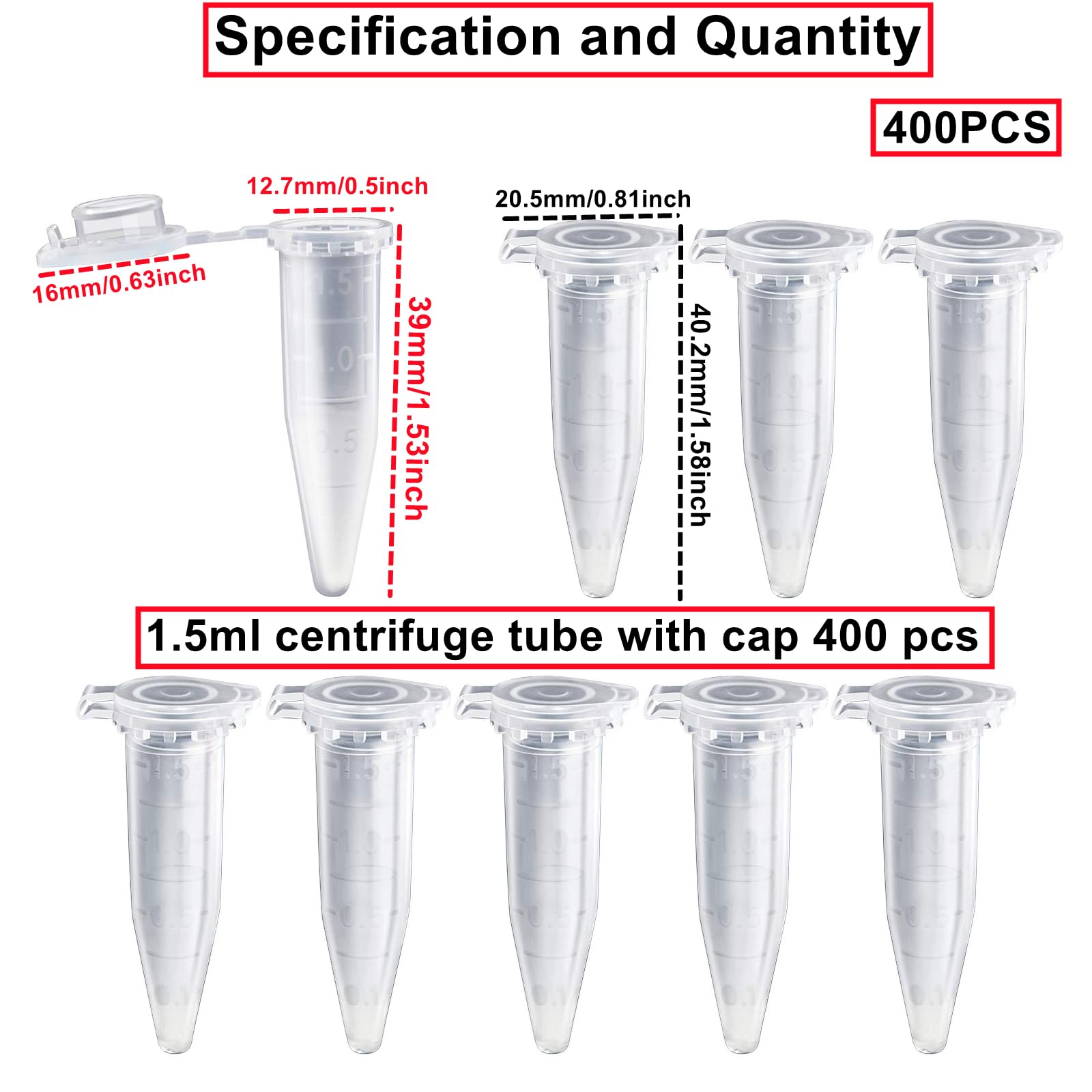 HUAZIZ 400 Pièces 1,5ml Tube à Centrifuger en Plastique Conique, Micro Centrifugeuse Tubes Tubes de Laboratoire Conteneurs D'échantillons avec Snap Cap pour l'analyse d'échantillons en Laboratoire