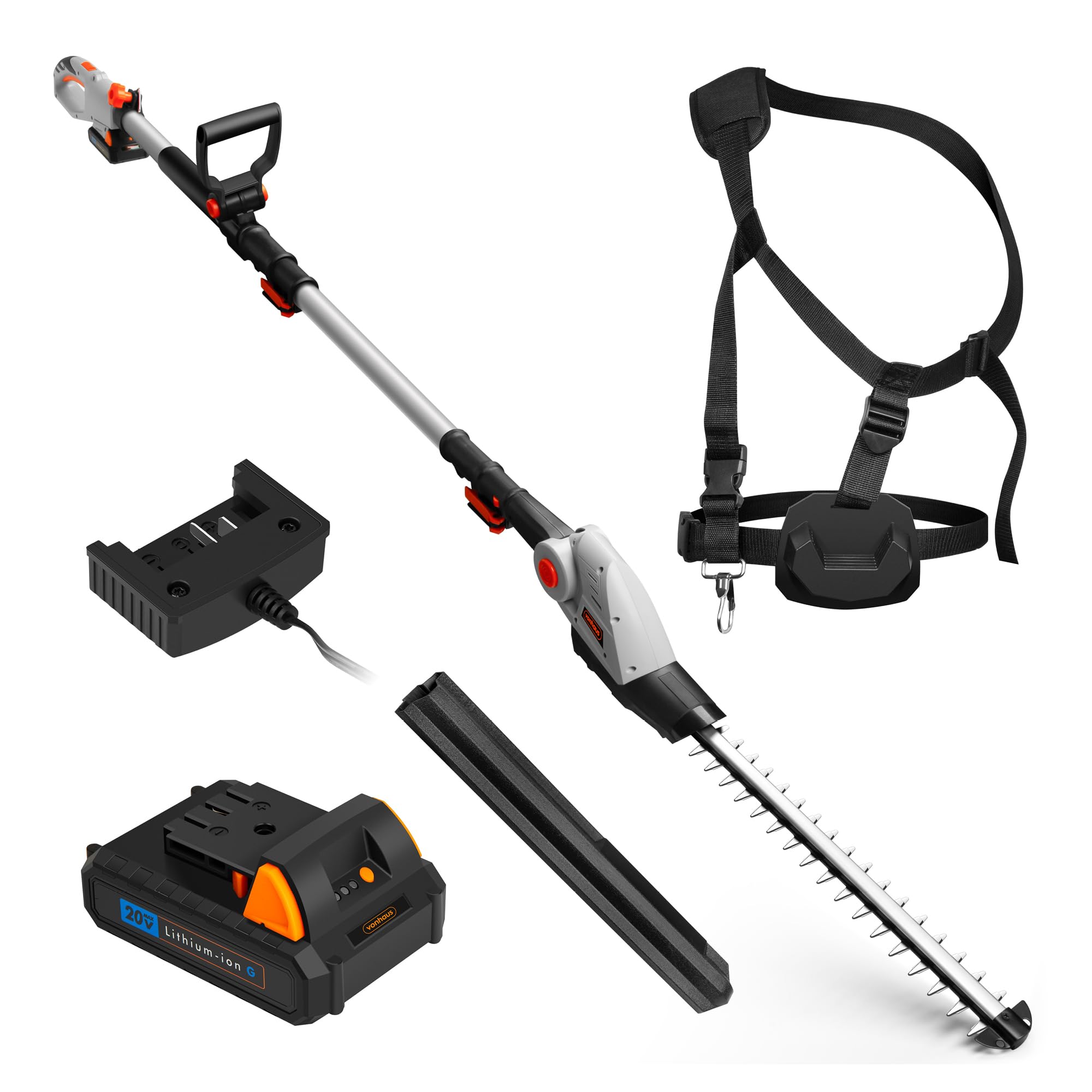 VonHaus 20V Akku Heckenschere für Hecken, Büsche und Zweige | 45 cm Doppelklingen, 135° Verstellbarer Schneidkopf, Ausziehbare Teleskop-Heckenschere, inkl. Akku, Ladegerät & Schultergurt