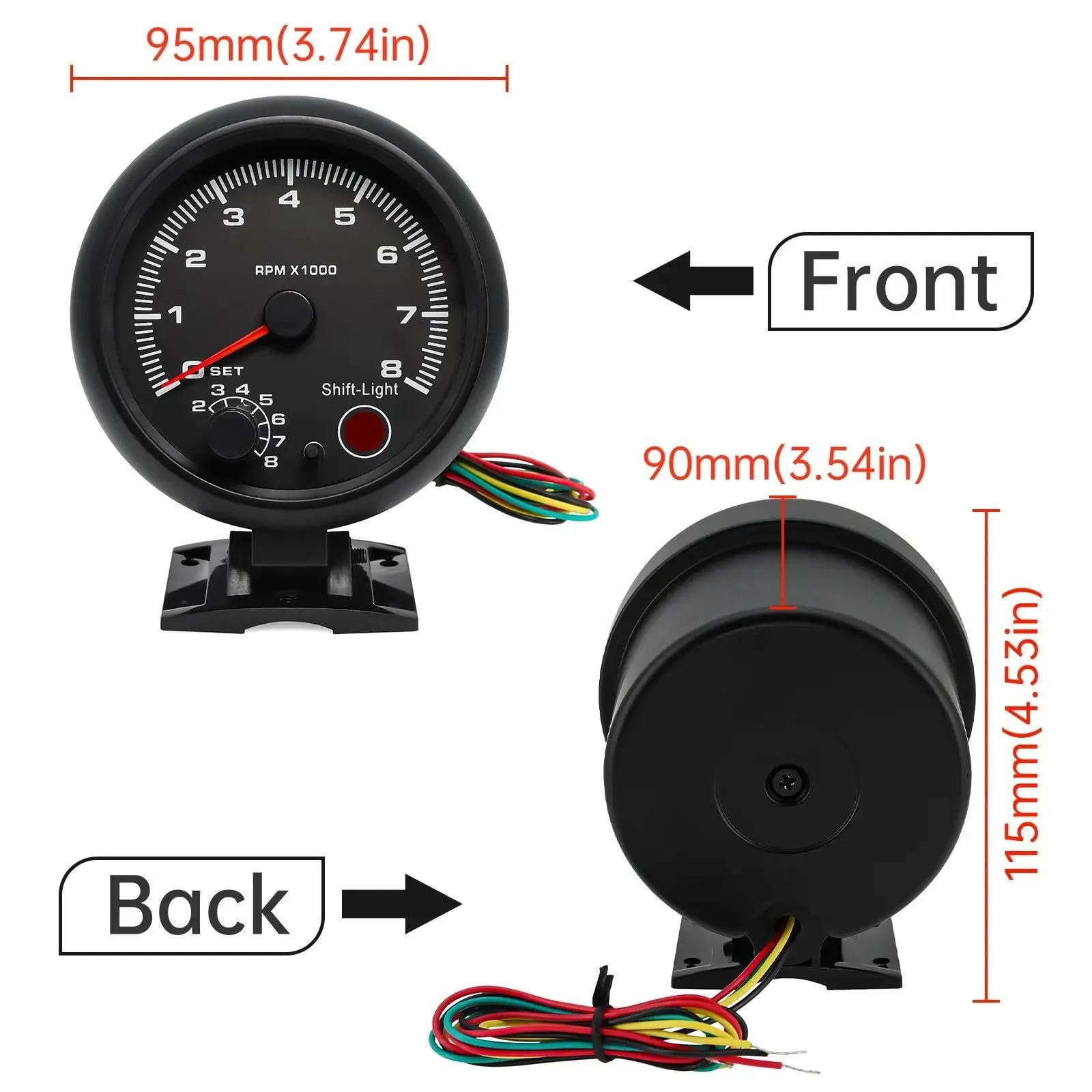 Medidor de tacómetro Negro Luz Azul Inter Shift 0-8000 RPM