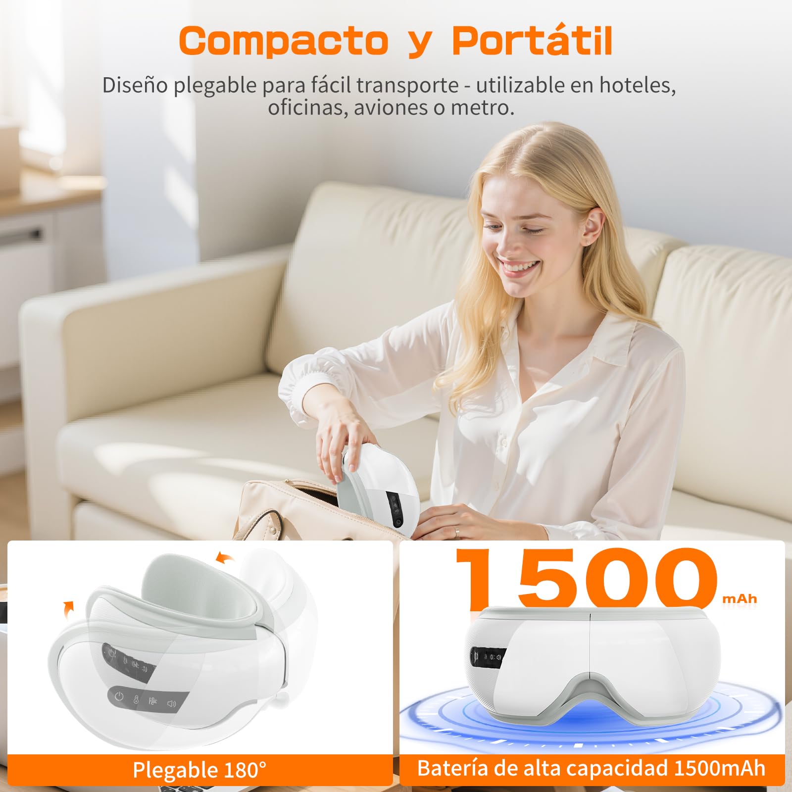 Masajeador de Ojos con Calor, Compresión y Música, Eléctrico para Relajar Ojos y Aliviar Fatiga Visual, Blanco