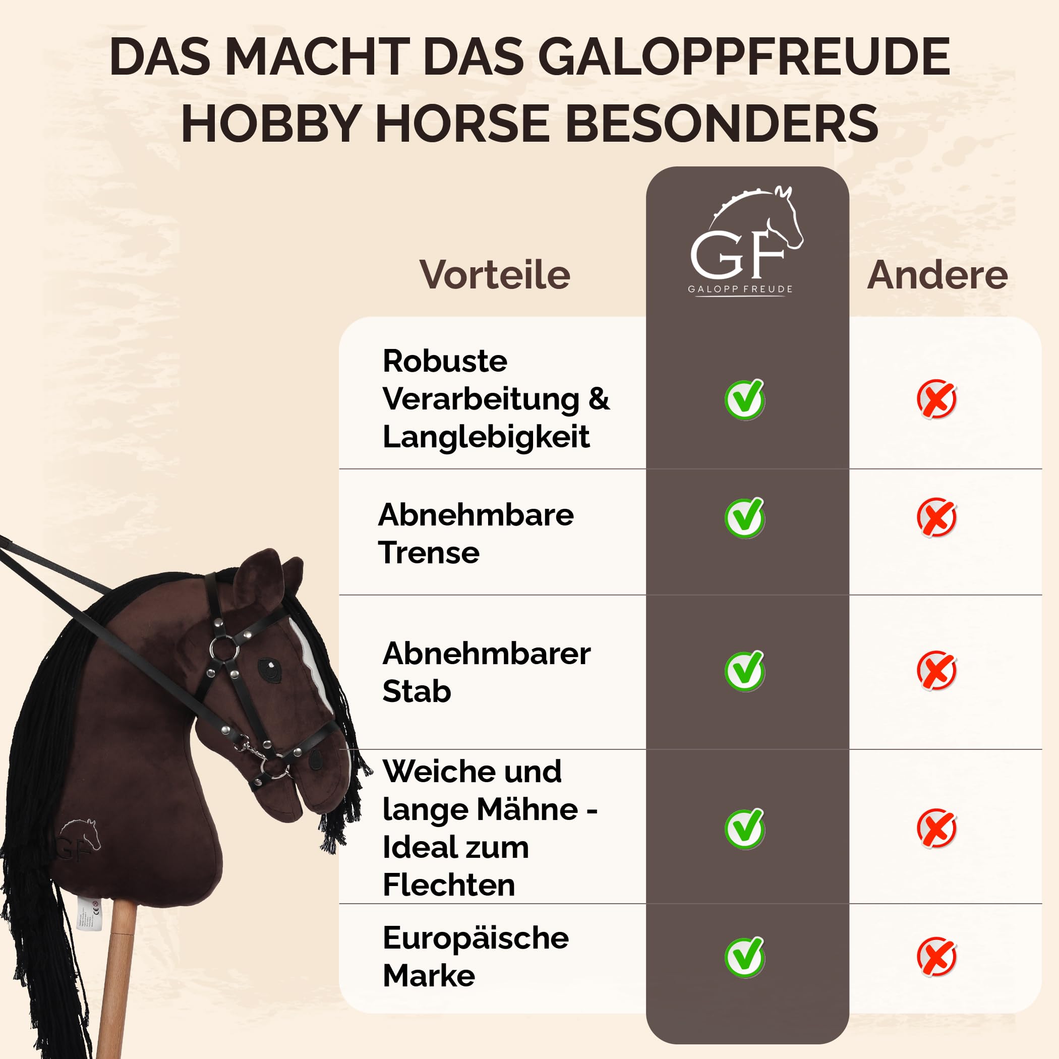 GaloppFreude Hobby Horse Horse - Caballo grande A3 con varilla de tornillo y brida - Caballo para montar a caballo para niños y caballos con crines largos, incluye accesorios para el Hobby Horse