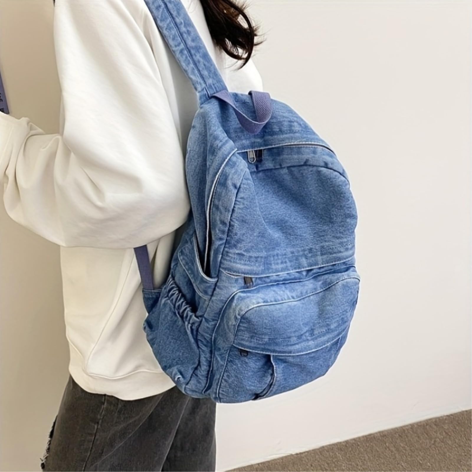 Zaino da Viaggio Borsa di Versatile - in Denim Stile Vintage per Le Donne Grande capacità Adatto Gli Studenti delle Scuole Superiori E Universitarie-Light Blue