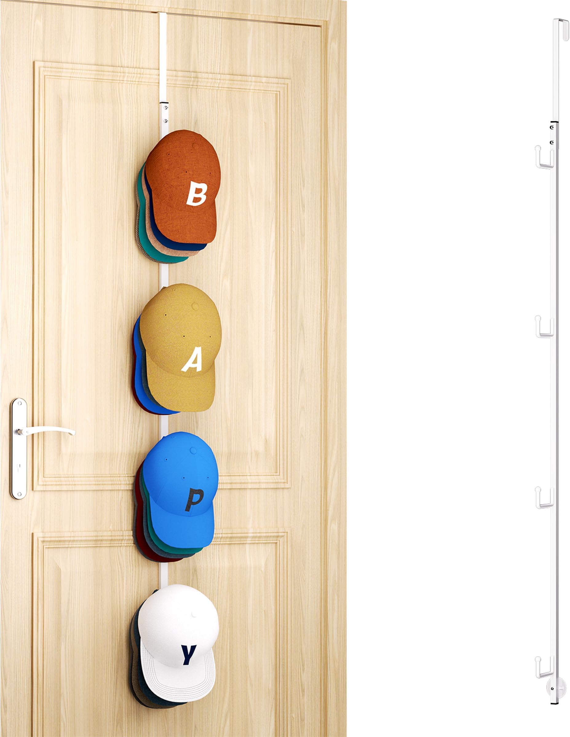 HapiRm Over Door Hat Rack - Hat Organizer with 4 Hooks Design, Hanging Baseball Cap Organizer Storage Holds Up to 20 Caps for Door, Bedroom, Closet(White)