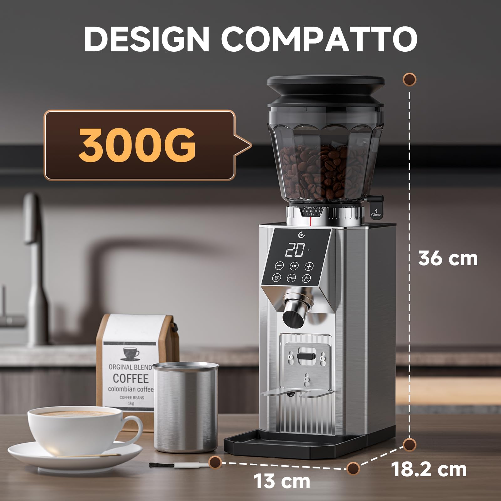 AMZCHEF Macinacaffè Elettrico con 45 Livelli di Macinatura, Macine Coniche in Acciaio Inox, Supporto Portafiltro Regolabile, Pannello di Controllo Touch LED, Corpo in Acciaio Inox