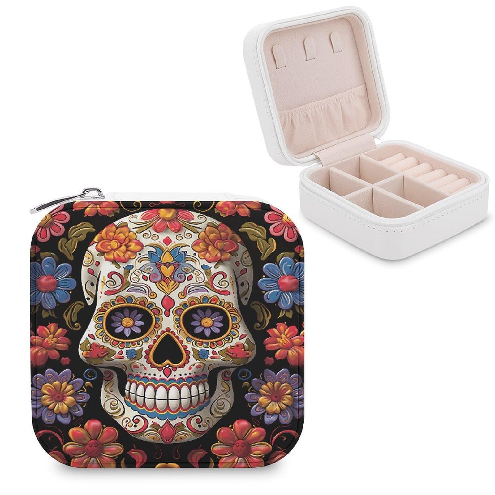 VstaDank Sugar Skulls Jewelry Box for Women Custom Travel Jewelry Case Personalized Travel Jewelry Boxes Small Portable Jewelry Organizer Box for Rings Necklaces Bracelets Earring