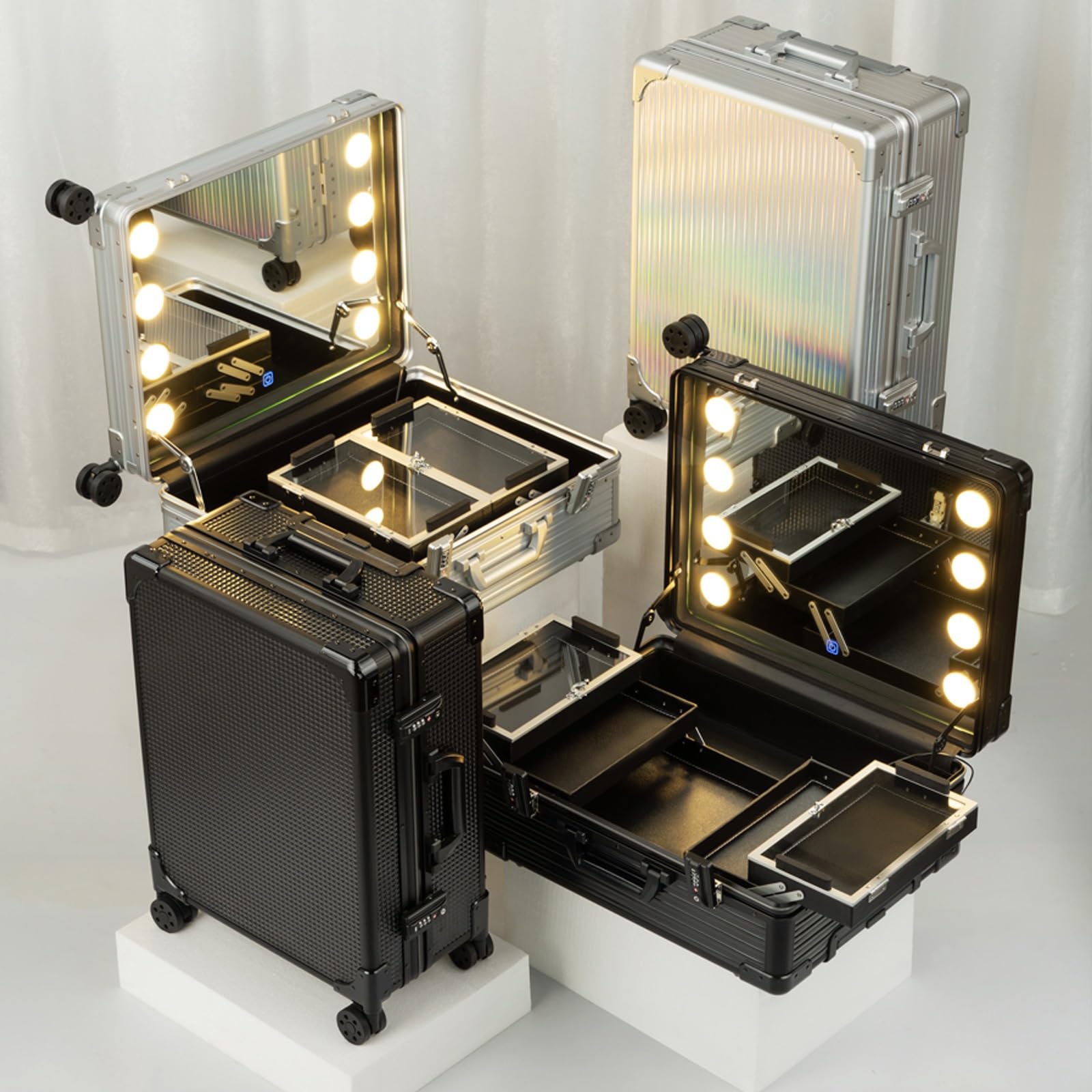 Walizka na kosmetyki, aluminiowa walizka na kółkach z 8 diodami LED, zwijany organizer na kosmetyki z lustrem, stacja do makijażu do podróży, wielofunkcyjna