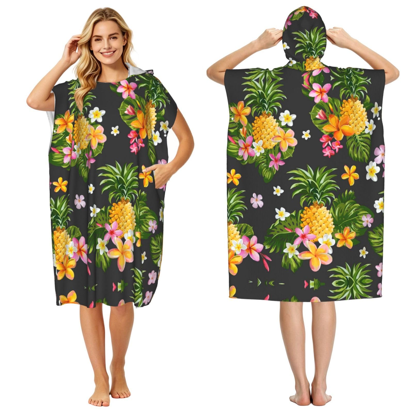 EZDLOWVBA Tropical Pineapple Hawaiian Print Hooded Poncho Microfiber Beach Towel,Adult Women & Men Changing Robe,Lightweight Summer Surf Swim Bath Poncho Towel